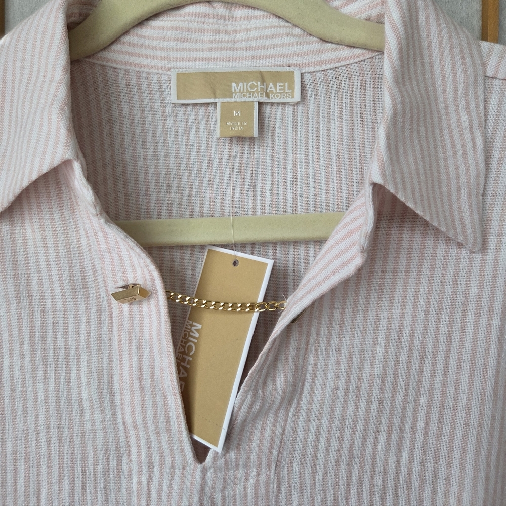 NWT WOMENS MICHAEL KORS PINK/WHITE STRIPES LINEN BLEND PULLOVER BLOUSE MEDIUM - Picture 3 of 5